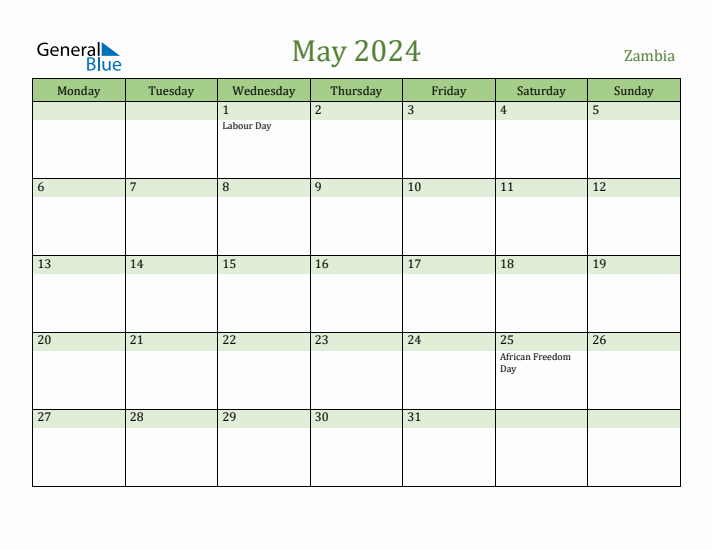 May 2024 Calendar with Zambia Holidays