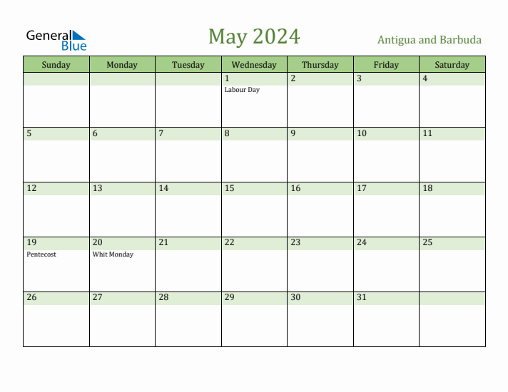 May 2024 Calendar with Antigua and Barbuda Holidays