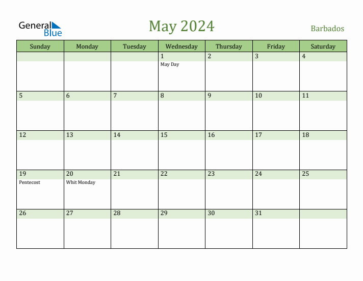 May 2024 Calendar with Barbados Holidays