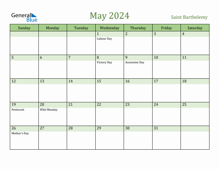 May 2024 Calendar with Saint Barthelemy Holidays