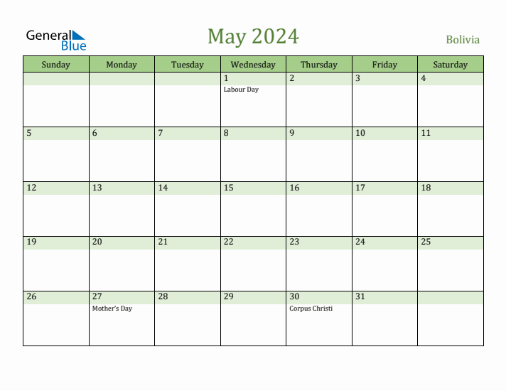 May 2024 Calendar with Bolivia Holidays