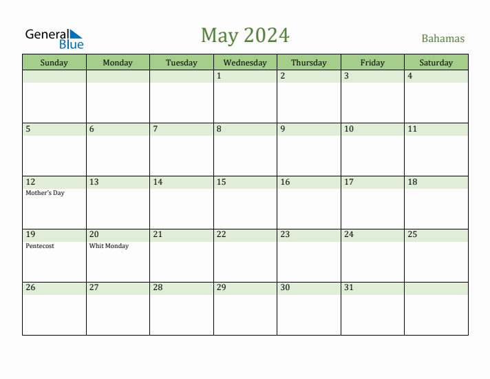 May 2024 Calendar with Bahamas Holidays