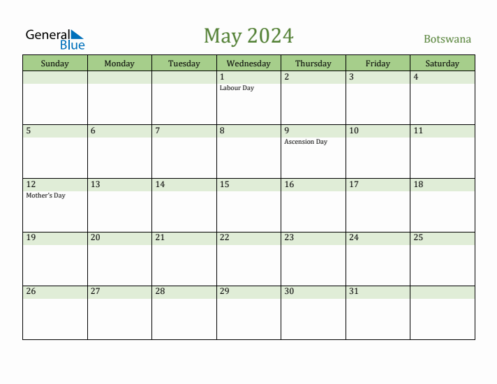 May 2024 Calendar with Botswana Holidays