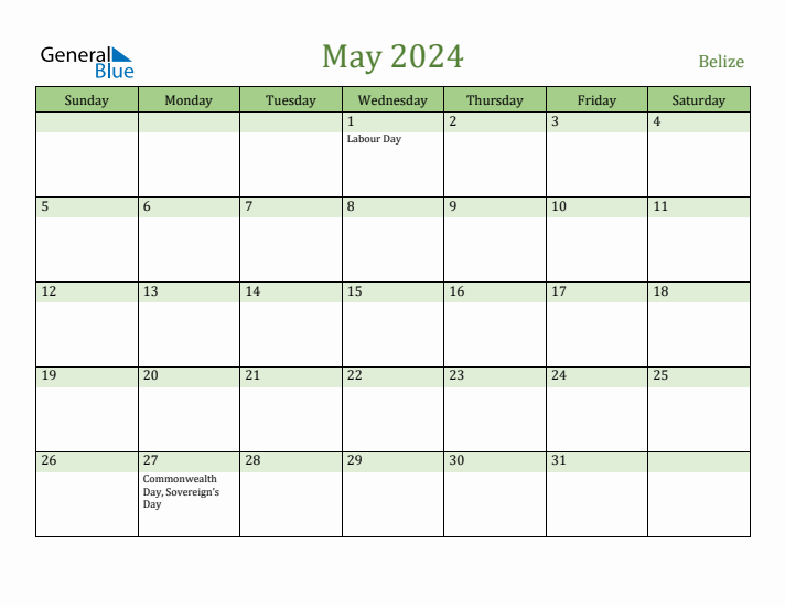 May 2024 Calendar with Belize Holidays