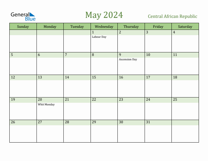 May 2024 Calendar with Central African Republic Holidays