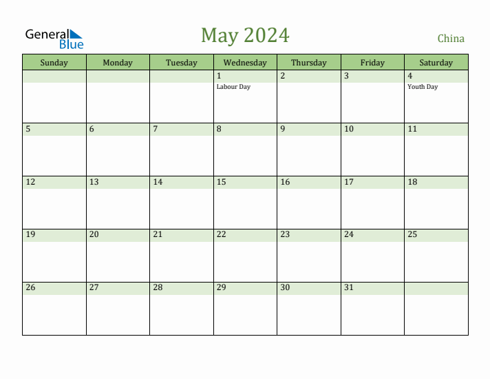 May 2024 Calendar with China Holidays