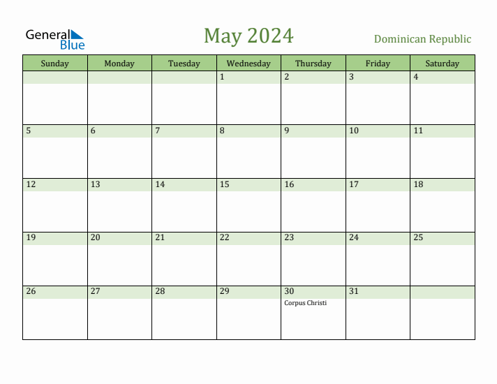 May 2024 Calendar with Dominican Republic Holidays