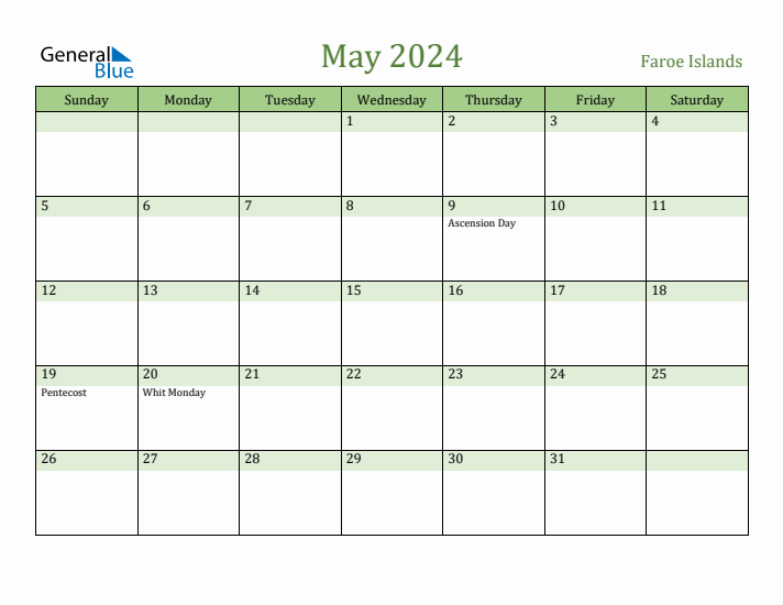 May 2024 Calendar with Faroe Islands Holidays