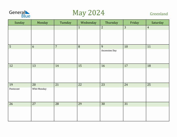 May 2024 Calendar with Greenland Holidays