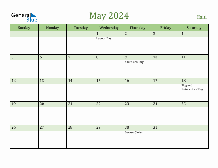 May 2024 Calendar with Haiti Holidays