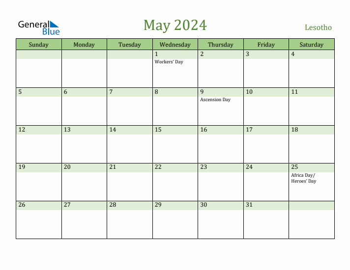 May 2024 Calendar with Lesotho Holidays