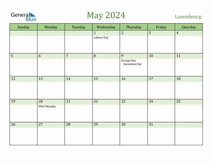 May 2024 Calendar with Luxembourg Holidays