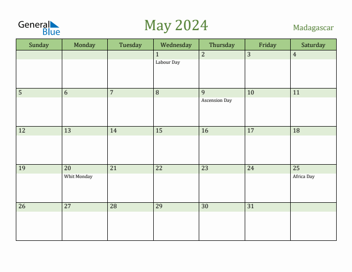 May 2024 Calendar with Madagascar Holidays