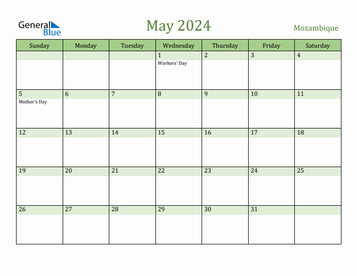 May 2024 Calendar with Mozambique Holidays