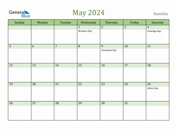 May 2024 Calendar with Namibia Holidays