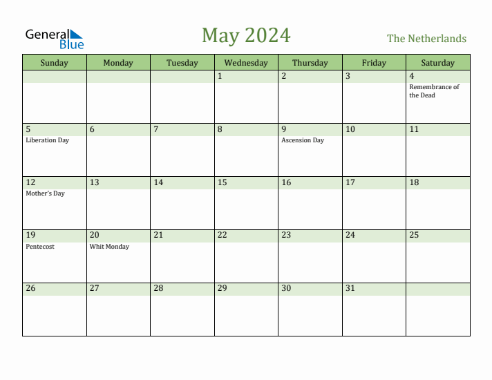 May 2024 Calendar with The Netherlands Holidays