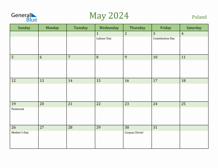 May 2024 Calendar with Poland Holidays