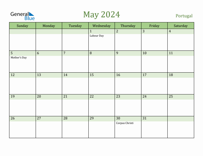 May 2024 Calendar with Portugal Holidays