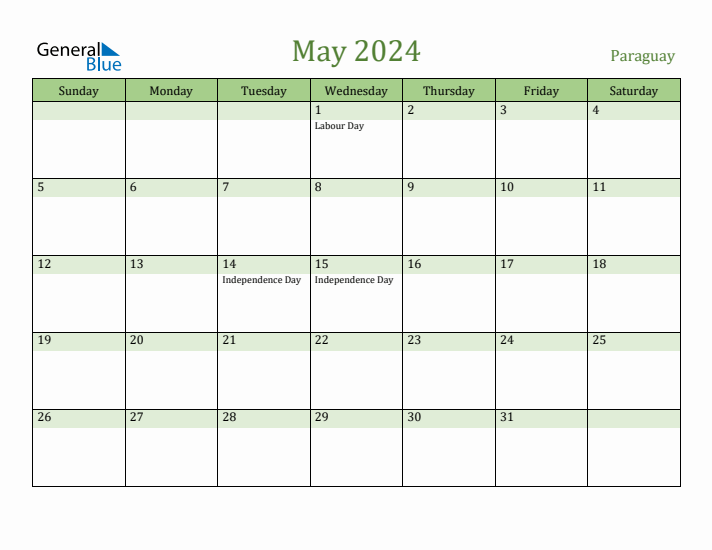 May 2024 Calendar with Paraguay Holidays