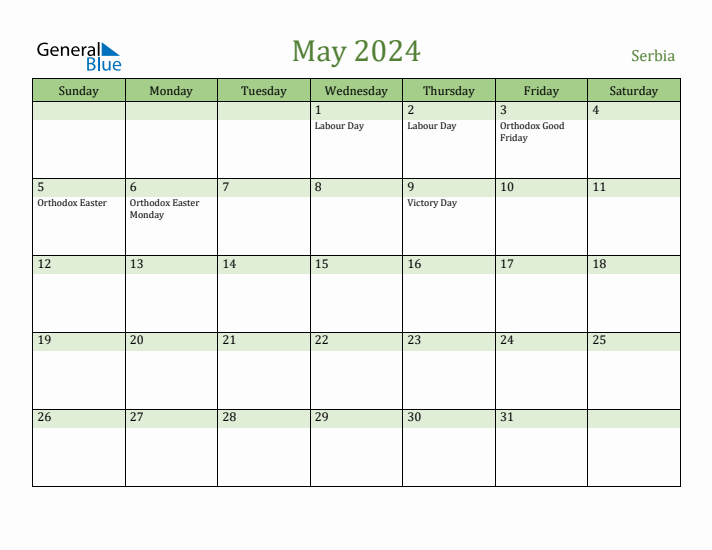 May 2024 Calendar with Serbia Holidays