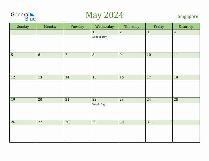 May 2024 Calendar with Singapore Holidays