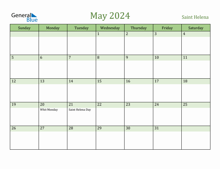 May 2024 Calendar with Saint Helena Holidays