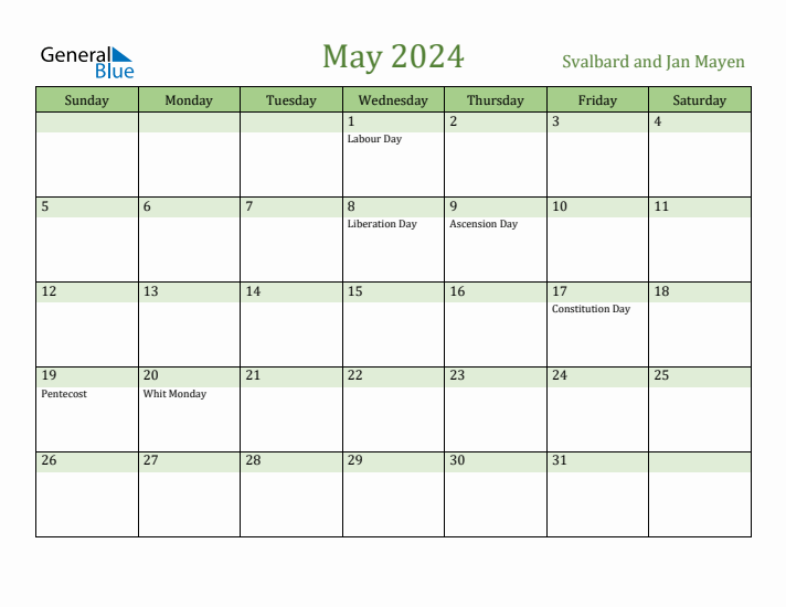 May 2024 Calendar with Svalbard and Jan Mayen Holidays