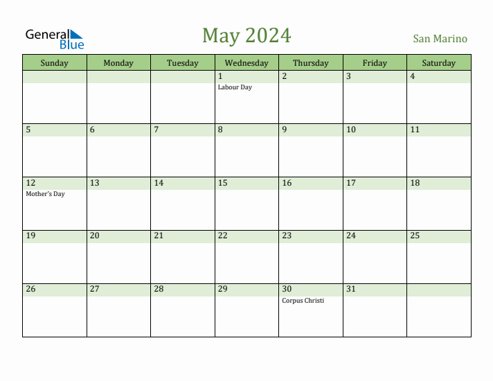 May 2024 Calendar with San Marino Holidays