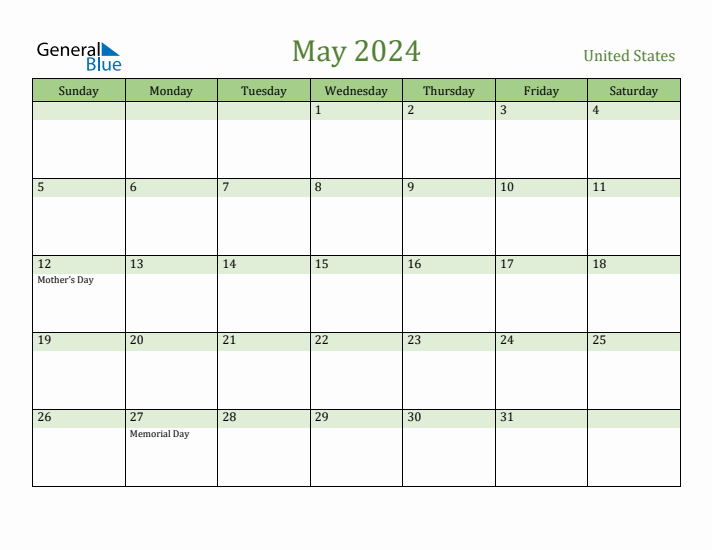 May 2024 Calendar with United States Holidays