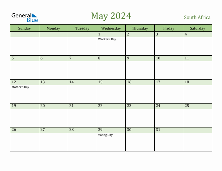 May 2024 Calendar with South Africa Holidays