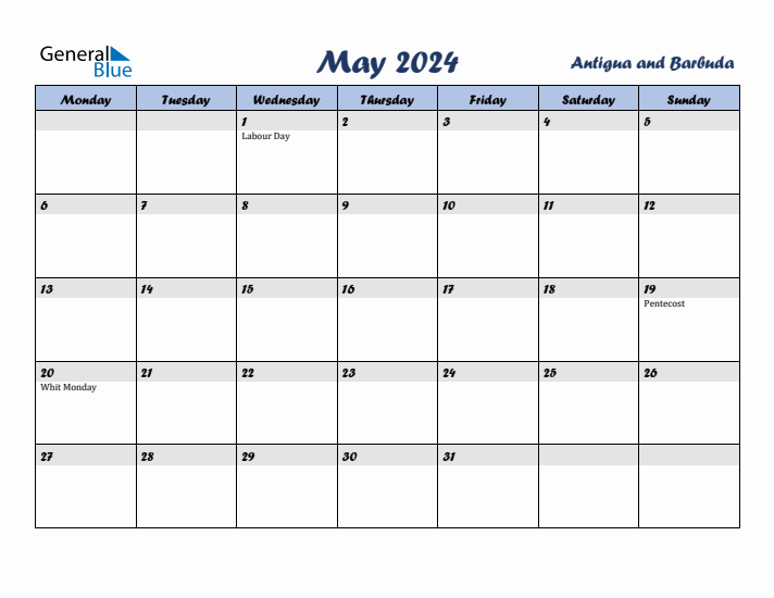 May 2024 Calendar with Holidays in Antigua and Barbuda