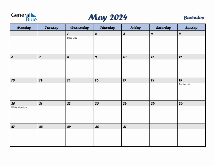 May 2024 Calendar with Holidays in Barbados