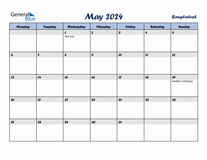 May 2024 Calendar with Holidays in Bangladesh