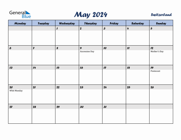 May 2024 Calendar with Holidays in Switzerland