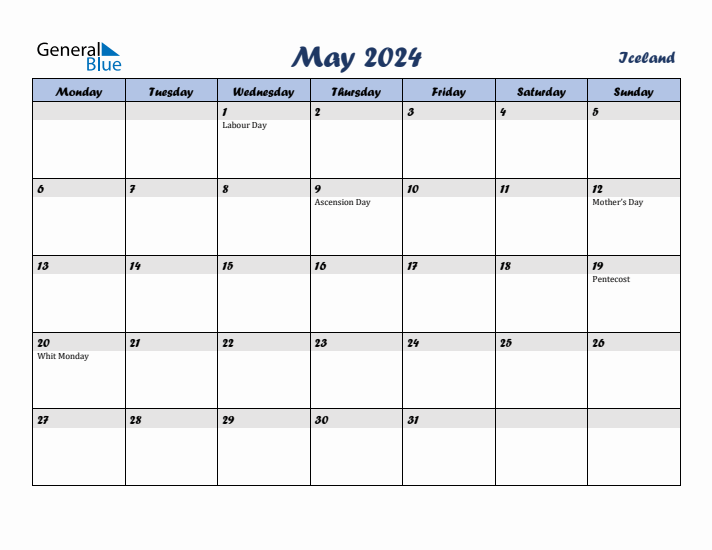 May 2024 Calendar with Holidays in Iceland