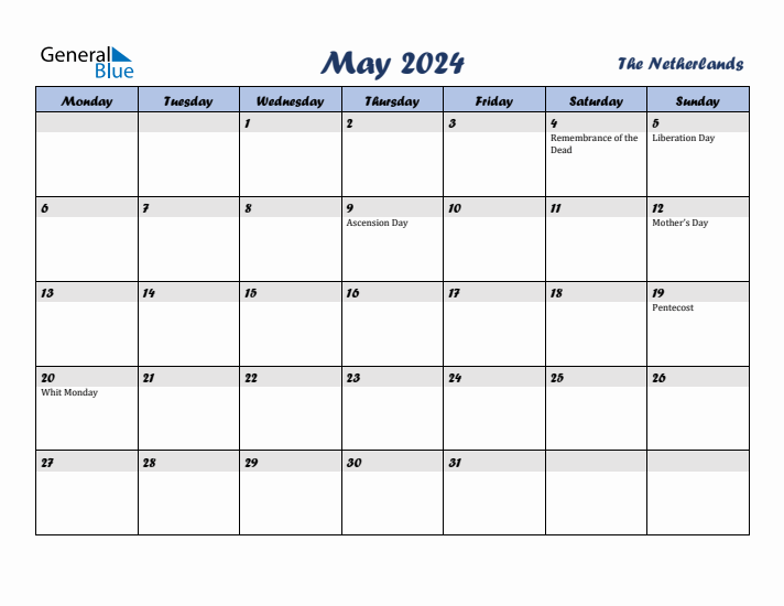 May 2024 Calendar with Holidays in The Netherlands