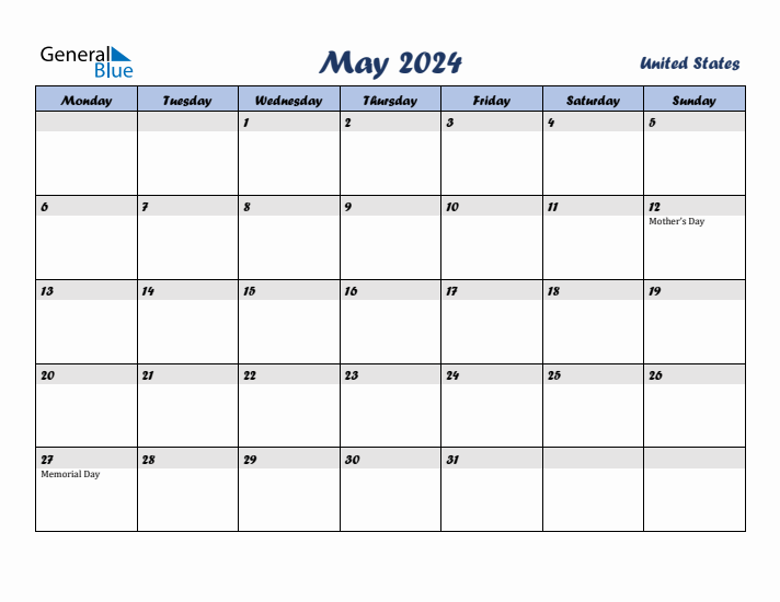 May 2024 Calendar with Holidays in United States