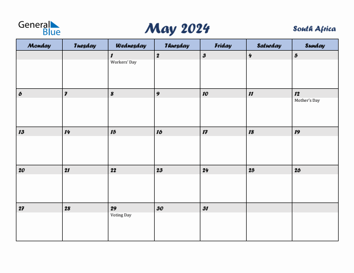 May 2024 Calendar with Holidays in South Africa