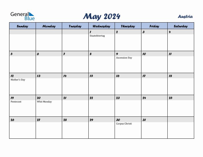 May 2024 Calendar with Holidays in Austria