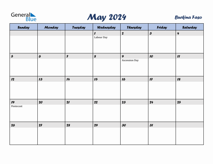 May 2024 Calendar with Holidays in Burkina Faso