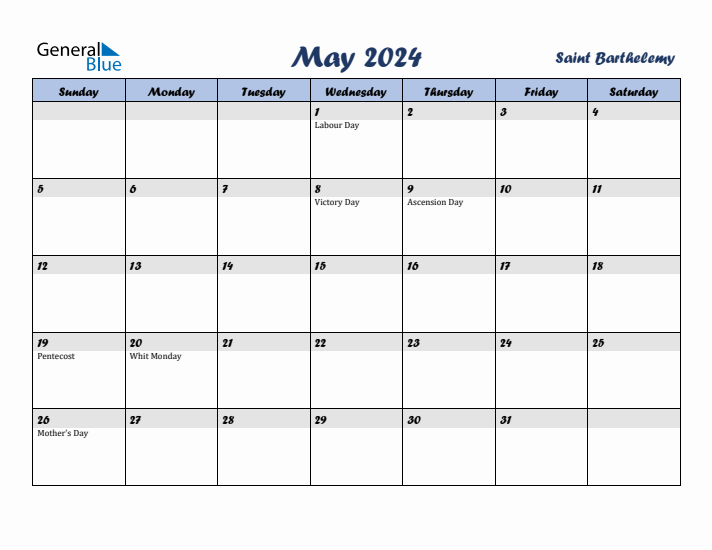 May 2024 Calendar with Holidays in Saint Barthelemy