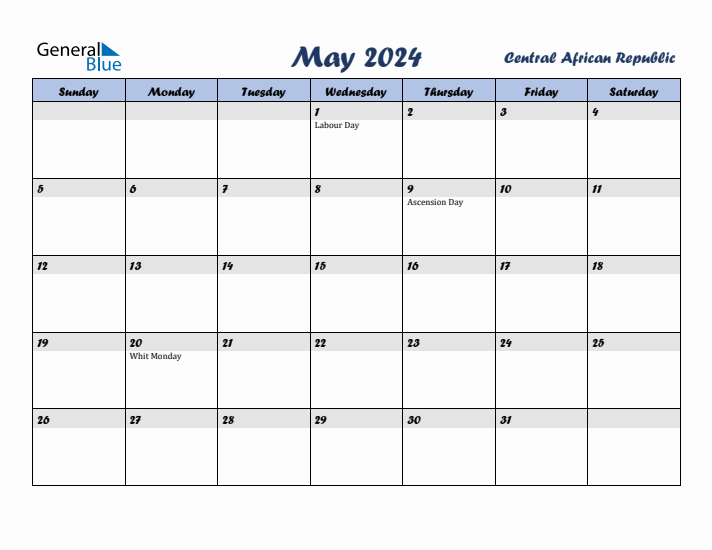 May 2024 Calendar with Holidays in Central African Republic