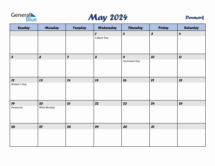 May 2024 Calendar with Holidays in Denmark