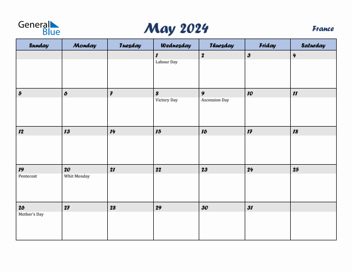 May 2024 Calendar with Holidays in France