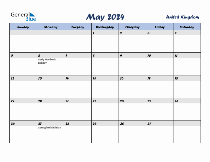 May 2024 Calendar with Holidays in United Kingdom