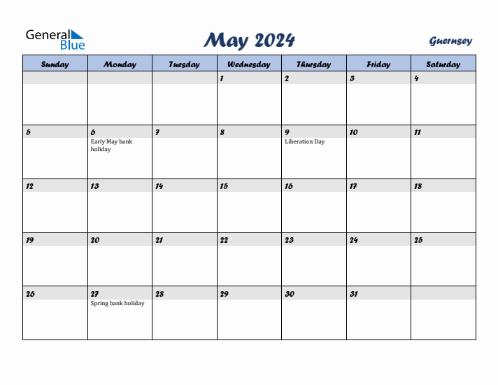 May 2024 Calendar with Holidays in Guernsey