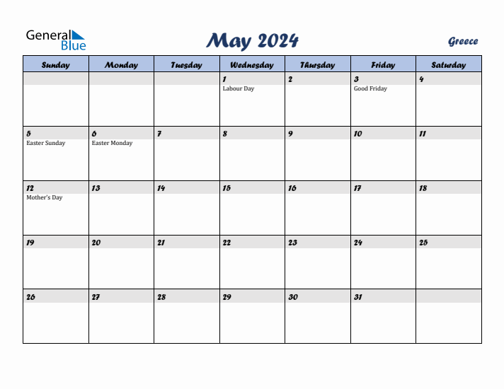 May 2024 Calendar with Holidays in Greece