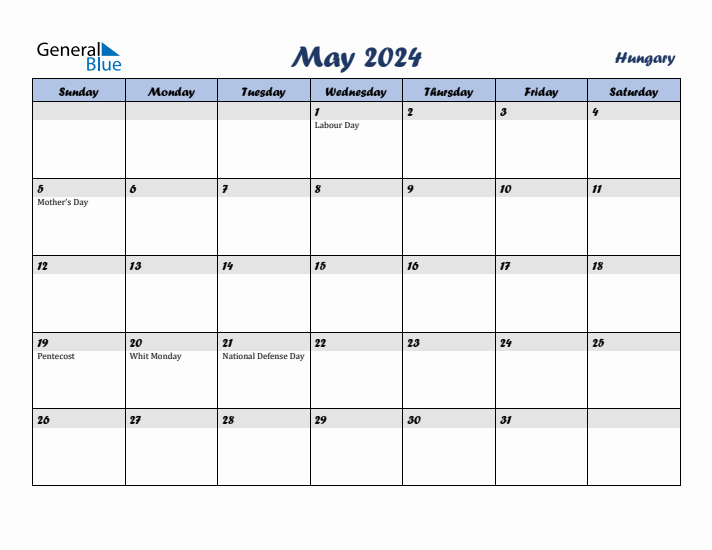 May 2024 Calendar with Holidays in Hungary