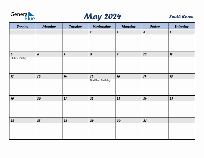 May 2024 Calendar with Holidays in South Korea