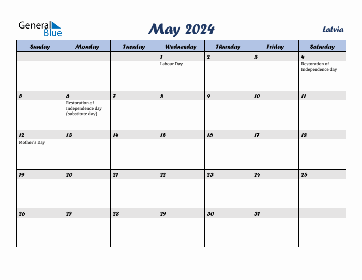 May 2024 Calendar with Holidays in Latvia